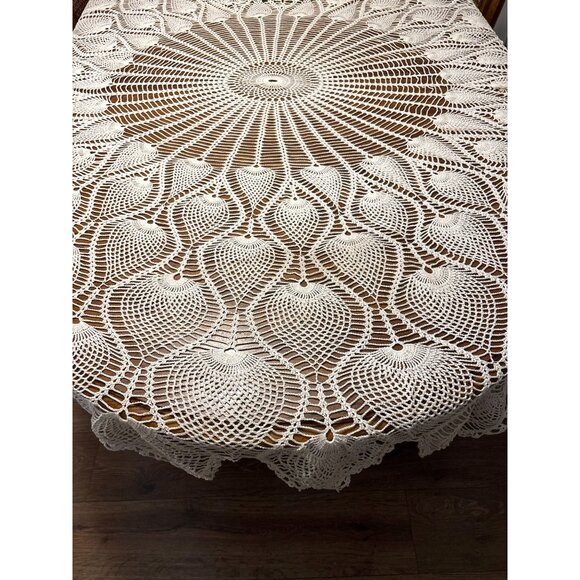 Vintage Round Crochet Tablecloth 95" Diameter Pineapple Design Ivory Cotton Hand - Picture 1 of 5